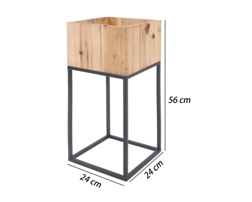 Support de plante avec caisse en bois sur cadre en métal noir, hauteur 56 centimètres, largeur 24 centimètres, profondeur 24 centimètres.