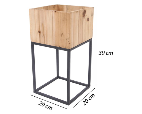 Pot de fleurs carré en bois sur un support en métal noir, dimensions 39 par 20 par 20 centimètres.