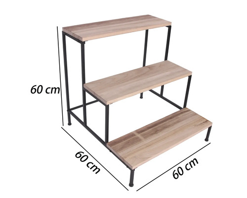 Étagère à fleurs à trois niveaux en bois et métal noir, dimensions 60 par 60 par 60 centimètres.