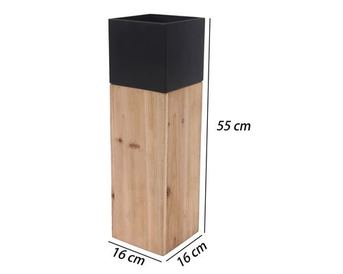Jardinière carrée avec haut socle en bois et partie supérieure noire, 16 sur 16 sur 55 centimètres.