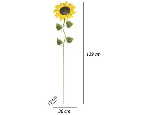 Gartenstecker in Form einer Sonnenblume, Höhe 129 Zentimeter, Breite 30 Zentimeter, Tiefe 15 Zentimeter.