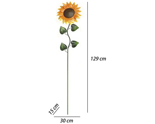 Gartenstecker Sonnenblume aus Metall, gelbe Blüte, grüner Stiel, Höhe 129 Zentimeter, Breite 30 Zentimeter, Tiefe 15 Zentimeter.