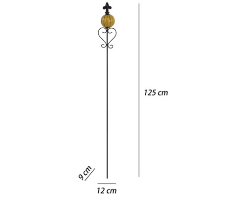 Gartenstab aus Metall mit gelbem Ornament und Lilie, 125 Zentimeter hoch, 12 Zentimeter breit und 9 Zentimeter tief.