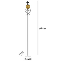 Tuteur de jardin décoratif en métal avec boule en céramique jaune, lys et ornement en cœur, hauteur 95 centimètres, largeur 9.5 centimètres.