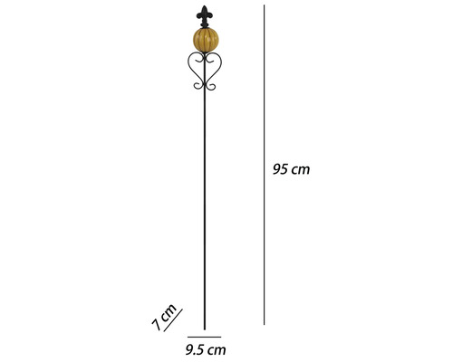 Tuteur de jardin décoratif en métal avec boule en céramique jaune, lys et ornement en cœur, hauteur 95 centimètres, largeur 9.5 centimètres.