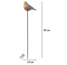 Pic de jardin oiseau en céramique sur tige en métal, hauteur 95 centimètres, largeur 14 centimètres, profondeur 7 centimètres.