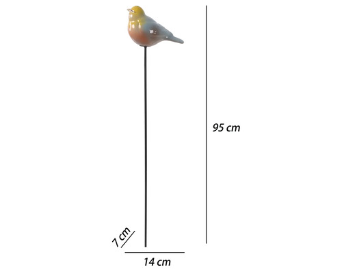 Pic de jardin oiseau en céramique sur tige en métal, hauteur 95 centimètres, largeur 14 centimètres, profondeur 7 centimètres.