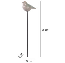 Pic de jardin avec oiseau en céramique sur tige métallique, hauteur 95 centimètres, largeur 14 centimètres, profondeur 7 centimètres.