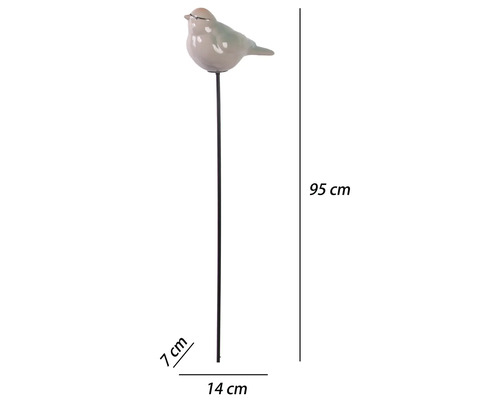 Pic de jardin avec oiseau en céramique sur tige métallique, hauteur 95 centimètres, largeur 14 centimètres, profondeur 7 centimètres.