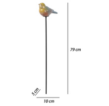 Piquet de jardin coloré avec figurine oiseau, hauteur 79 centimètres, largeur 10 centimètres, profondeur 5 centimètres.