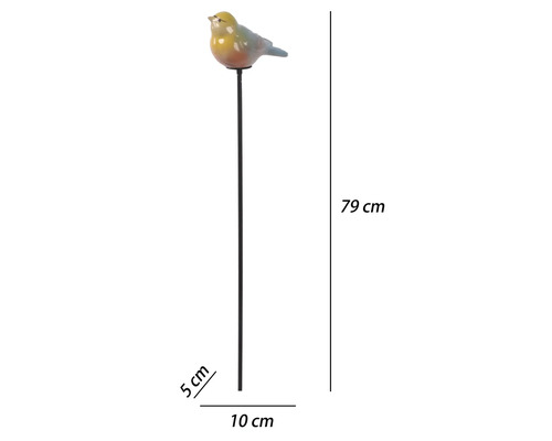 Piquet de jardin coloré avec figurine oiseau, hauteur 79 centimètres, largeur 10 centimètres, profondeur 5 centimètres.