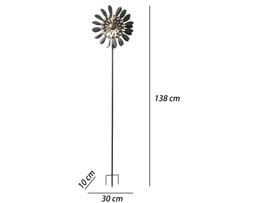 Moulin à vent de jardin en métal avec un motif floral sur bâton, dimensions 138 centimètres de haut, 30 centimètres de large et 10 centimètres de profondeur.