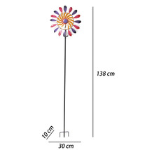 Éolienne de jardin en métal, design floral coloré, hauteur 138 centimètres, largeur 30 centimètres, profondeur 10 centimètres, avec piquet.