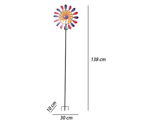 Éolienne de jardin en métal, design floral coloré, hauteur 138 centimètres, largeur 30 centimètres, profondeur 10 centimètres, avec piquet.