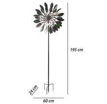 Windrad für den Garten aus Metall mit den Maßen 195 Zentimeter Höhe, 60 Zentimeter Breite und 24 Zentimeter Tiefe.