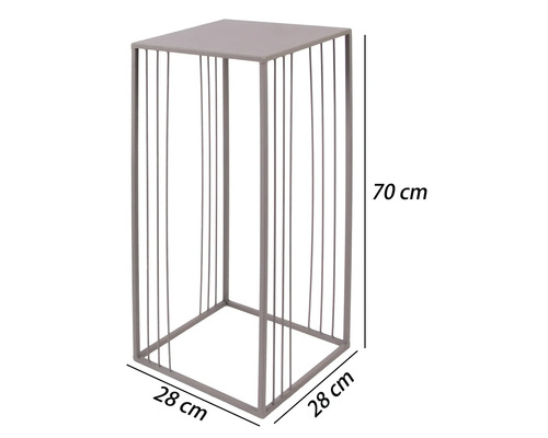 Table à fleurs carrée en métal, 70 centimètres de haut, 28 centimètres de large et 28 centimètres de profondeur.