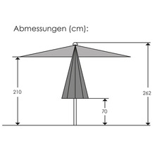 Maße für Sonnenschirm in Zentimetern: Gesamthöhe 262 Zentimeter, Durchgangshöhe 210 Zentimeter, Bodenfreiheit geschlossen 70 Zentimeter.