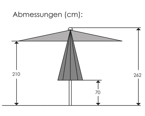 Maße für Sonnenschirm in Zentimetern: Gesamthöhe 262 Zentimeter, Durchgangshöhe 210 Zentimeter, Bodenfreiheit geschlossen 70 Zentimeter.