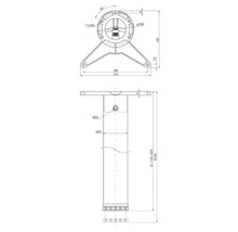 Dessin technique d'un pied de meuble avec dimensions. Vue de dessus de la plaque de montage et vue latérale avec diamètre 60 millimètres.
