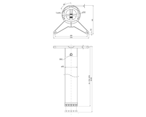 Dessin technique du pied de table avec dimensions en millimètres, vue de dessus de la plaque de montage et vue latérale du pied réglable en hauteur.