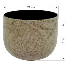 Cache-pot avec motif de feuilles, diamètre 21 centimètres, hauteur 16 centimètres.