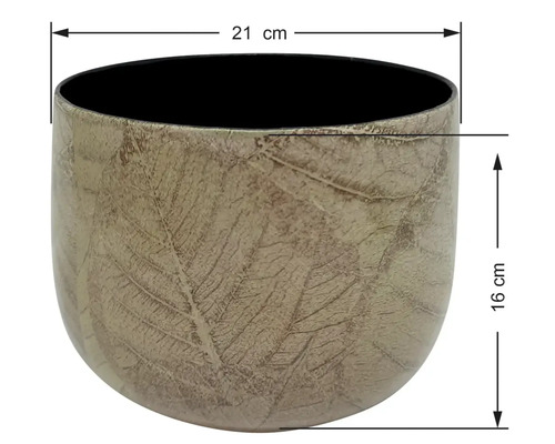 Cache-pot avec motif de feuilles, diamètre 21 centimètres, hauteur 16 centimètres.