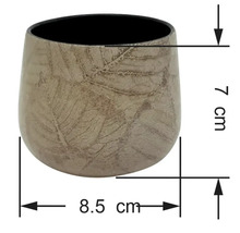 Cache-pot en céramique avec motif de feuilles, hauteur 7 centimètres, largeur 8,5 centimètres.