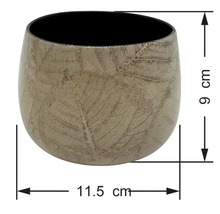 Cache-pot rond avec motif de feuilles, hauteur 9 centimètres, diamètre 11,5 centimètres.