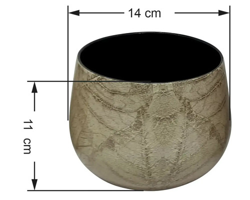 Cache-pot rond avec surface structurée, diamètre 14 centimètres, hauteur 11 centimètres.