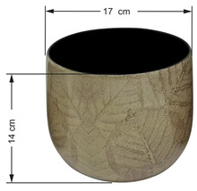 Cache-pot beige avec motif de feuilles et intérieur noir, diamètre 17 centimètres, hauteur 14 centimètres.