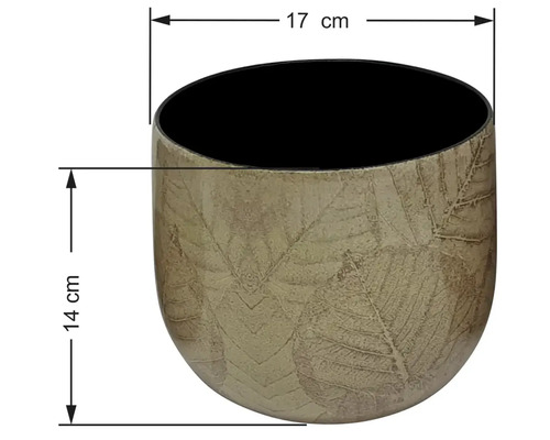 Cache-pot beige avec motif de feuilles et intérieur noir, diamètre 17 centimètres, hauteur 14 centimètres.