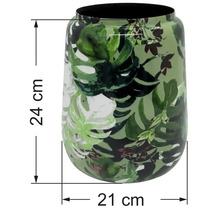 Vase avec motif de feuilles de monstera, hauteur 24 centimètres, diamètre 21 centimètres.