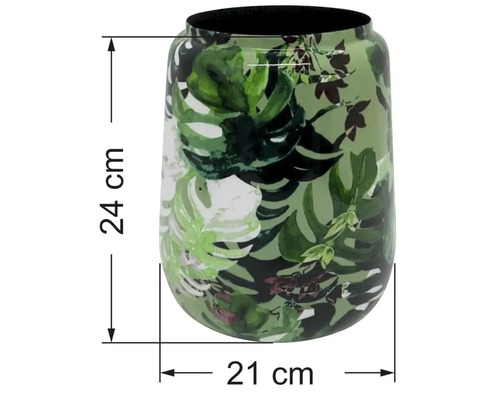 Vase avec motif de feuilles de monstera, hauteur 24 centimètres, diamètre 21 centimètres.