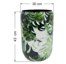 Vase décoratif avec motif de feuilles de Monstera vertes, hauteur 43 centimètres, largeur 30 centimètres.