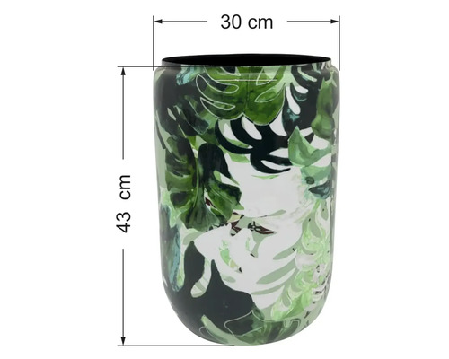 Vase décoratif avec motif de feuilles de Monstera vertes, hauteur 43 centimètres, largeur 30 centimètres.