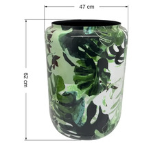 Cache-pot avec motif de feuilles, hauteur 62 centimètres, diamètre 47 centimètres.