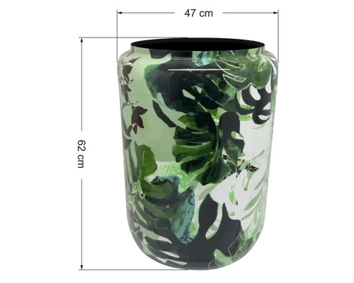 Cache-pot avec motif de feuilles, hauteur 62 centimètres, diamètre 47 centimètres.