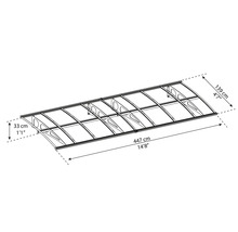 Dessin technique auvent avec largeur 447 centimètres, profondeur 139 centimètres et hauteur 33 centimètres. Structure avec supports.