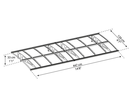 Dessin technique auvent avec largeur 447 centimètres, profondeur 139 centimètres et hauteur 33 centimètres. Structure avec supports.
