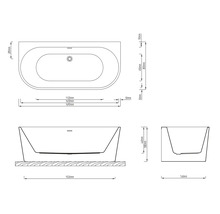 Technische Zeichnung einer Badewanne mit Maßangaben in Millimeter, Draufsicht, Frontansicht und Seitenansicht.