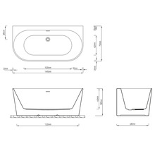 Dessin technique de baignoire avec des dimensions de 1490 millimètres de longueur, 750 millimètres de largeur et 580 millimètres de hauteur.