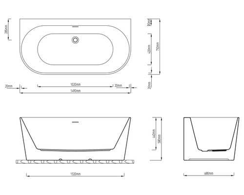 Dessin technique de baignoire avec des dimensions de 1490 millimètres de longueur, 750 millimètres de largeur et 580 millimètres de hauteur.