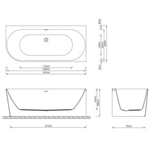 Technische Zeichnung einer Badewanne mit Maßangaben in Millimeter für Länge, Breite und Höhe in der Draufsicht, Frontalansicht und Seitenansicht.