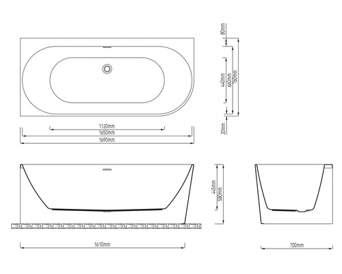 Technische Zeichnung einer Badewanne mit Maßangaben in Millimeter: Länge 1690, Breite 760, Höhe 580.