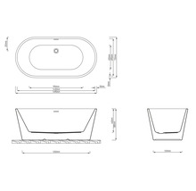 Dessin technique d une baignoire îlot avec dimensions en millimètres pour la longueur, la largeur et la hauteur.