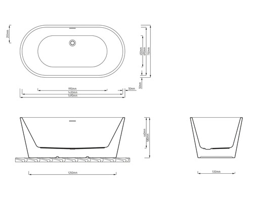 Dessin technique d une baignoire îlot avec dimensions en millimètres pour la longueur, la largeur et la hauteur.