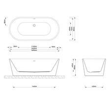 Technische Zeichnung einer ovalen freistehenden Badewanne mit Maßen: Länge 1690 Millimeter, Breite 800 Millimeter, Höhe 580 Millimeter.