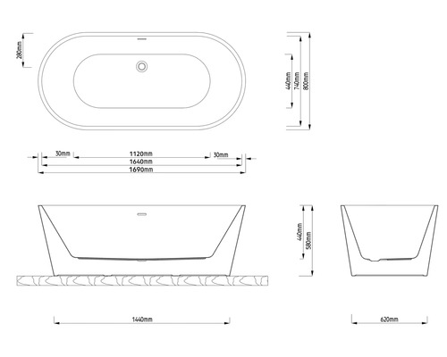 Technische Zeichnung einer ovalen freistehenden Badewanne mit Maßen: Länge 1690 Millimeter, Breite 800 Millimeter, Höhe 580 Millimeter.