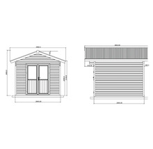 Dessin technique d'un abri de jardin avec toit à deux pans et double porte, montrant les vues de face et de côté avec des dimensions en millimètres.
