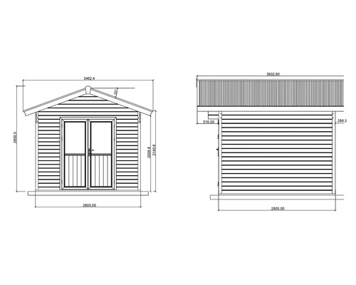 Dessin technique d'un abri de jardin avec toit à deux pans et double porte, montrant les vues de face et de côté avec des dimensions en millimètres.